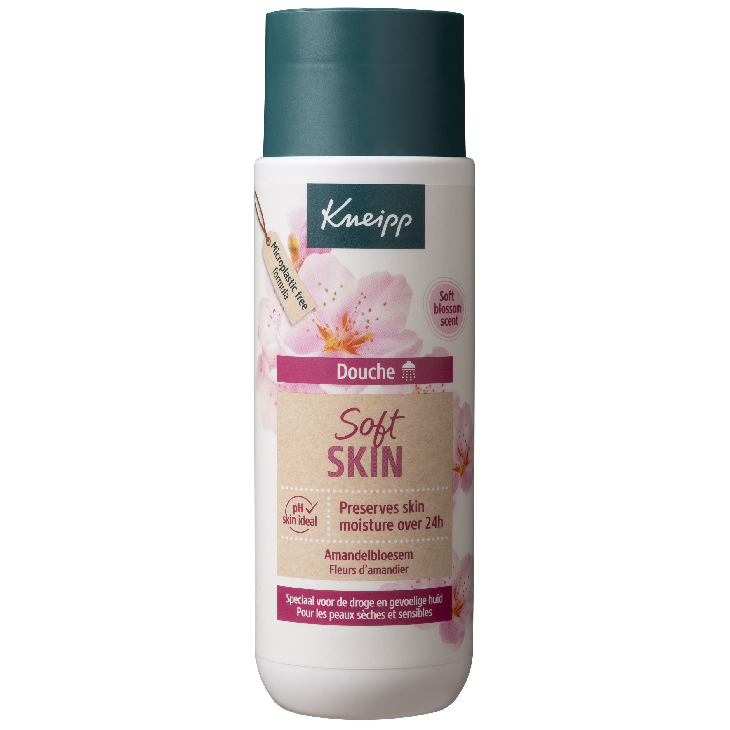 Kneipp Douche Soft Skin. Flacon blanc, bouchon vert. Étiquette avec nom du produit, motif floral et texte. pH neutre pour la peau.