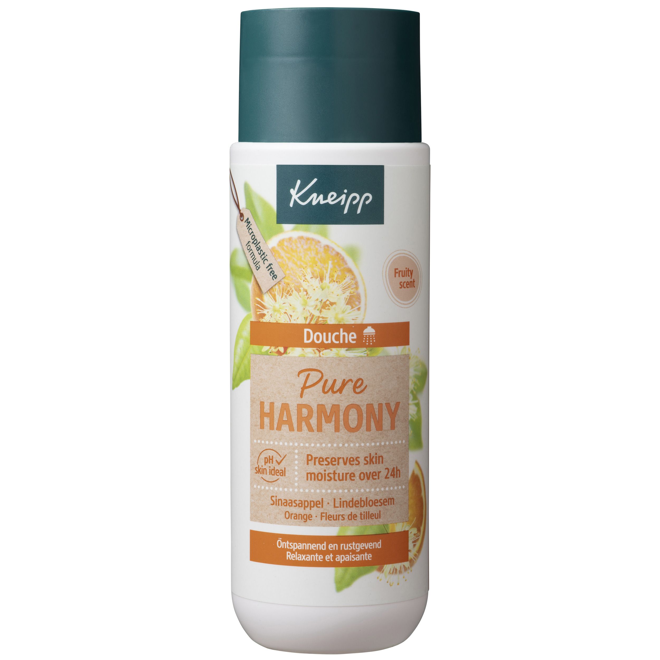 Kneipp Douche Pure Harmony fles. Groene dop, oranje label. Illustraties van sinaasappel en bloemen. Tekst: Douche, Pure Harmony, pH-neutraal.