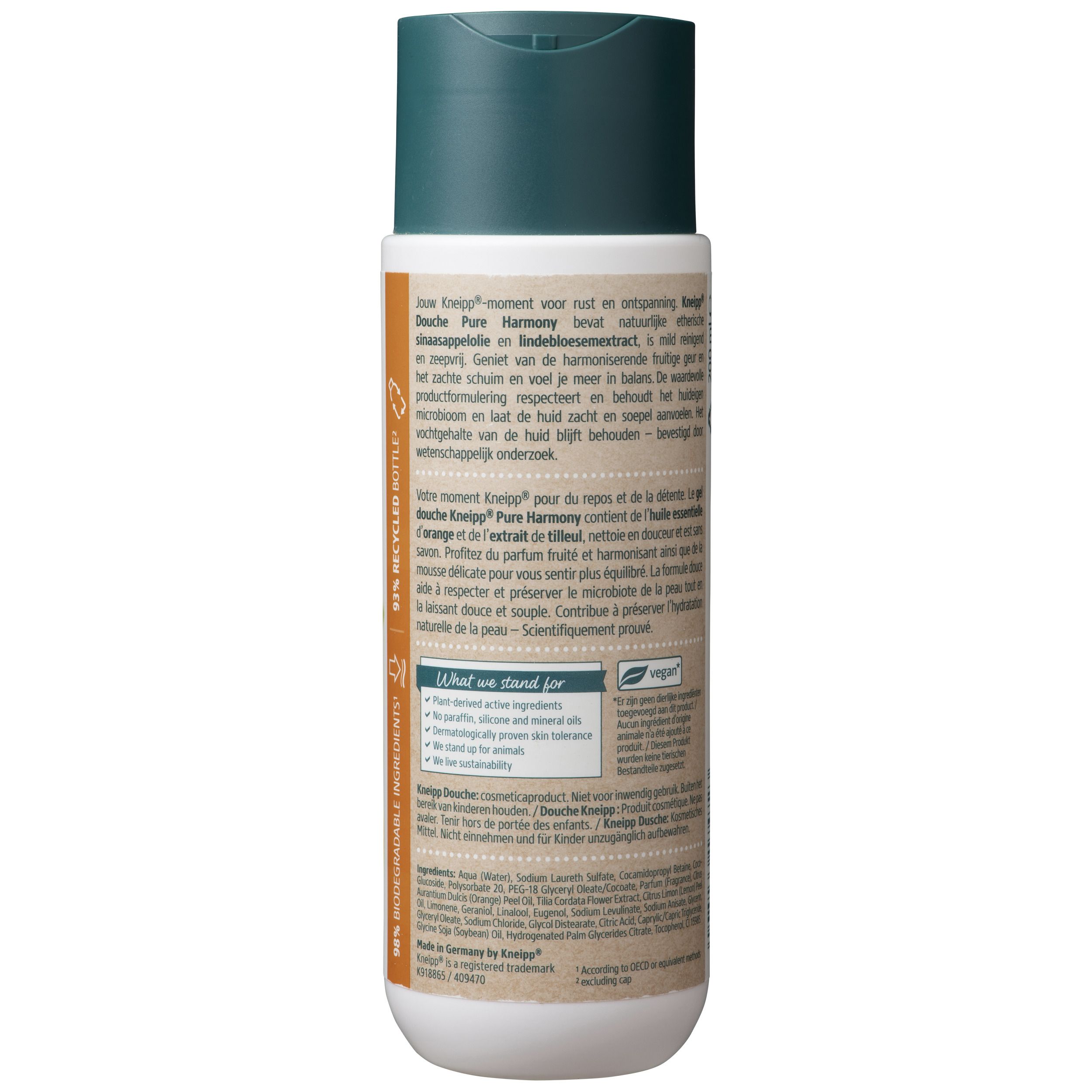 Achterkant van de Kneipp Douche Pure Harmony fles. Meertalige tekst. Witte fles met groene dop. Veganistisch logo.