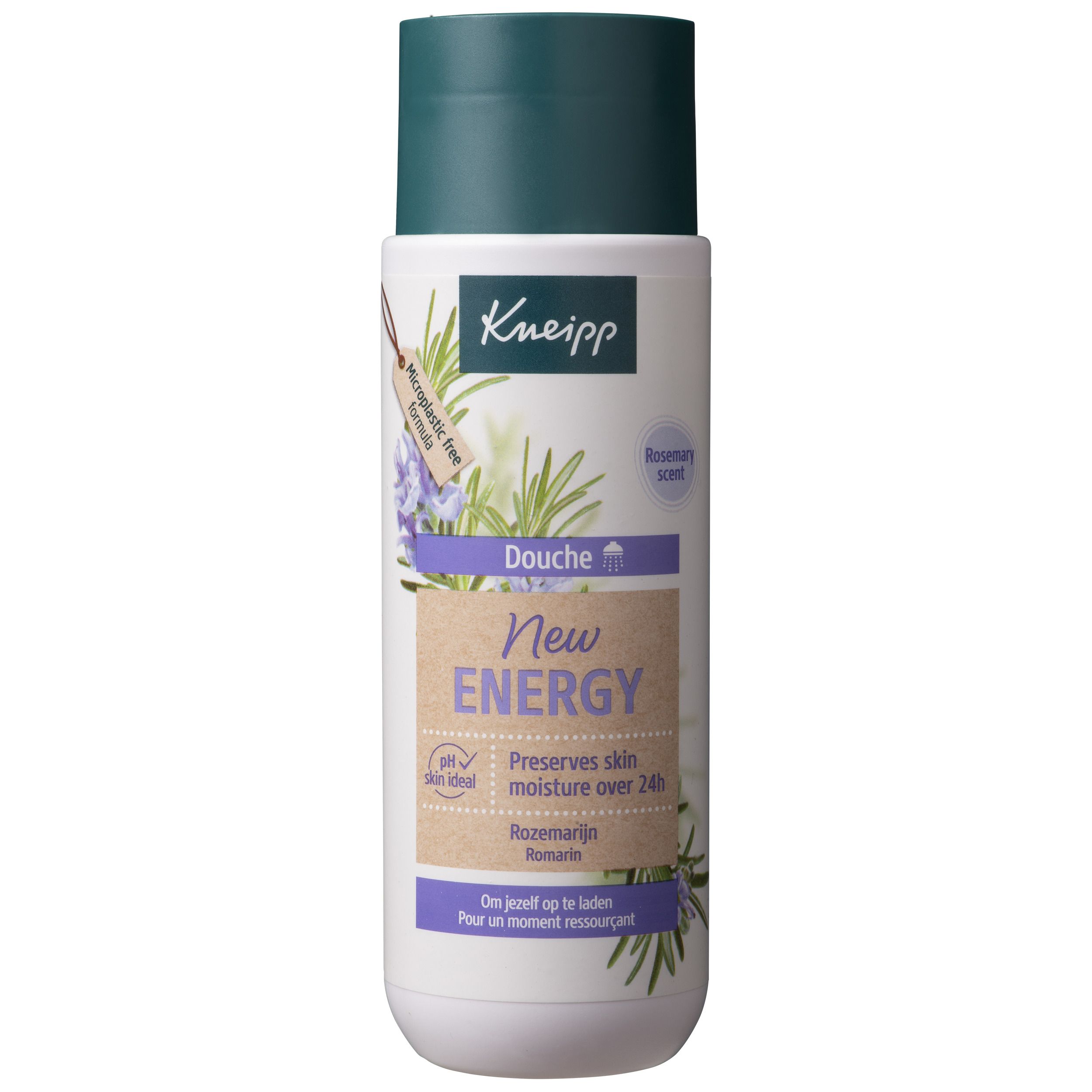 Douche New Energy Kneipp. Flacon blanc, bouchon vert. Étiquette avec nom du produit, parfum romarin et pH neutre.