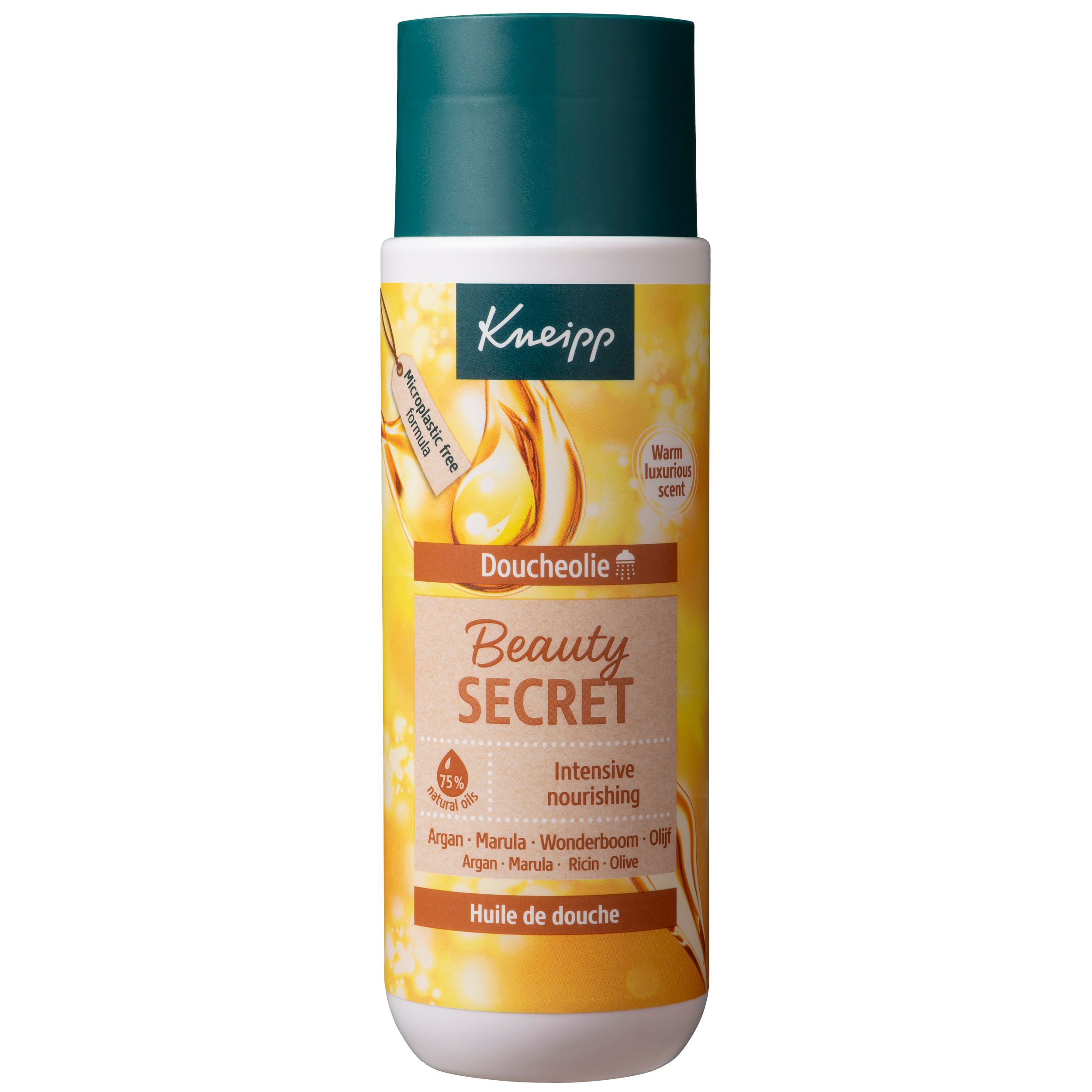 Kneipp Doucheolie Beauty Secret fles. Groen-witte fles met geel etiket. Tekst: Beauty Secret, Doucheolie, Argan, Marula, Olijf.