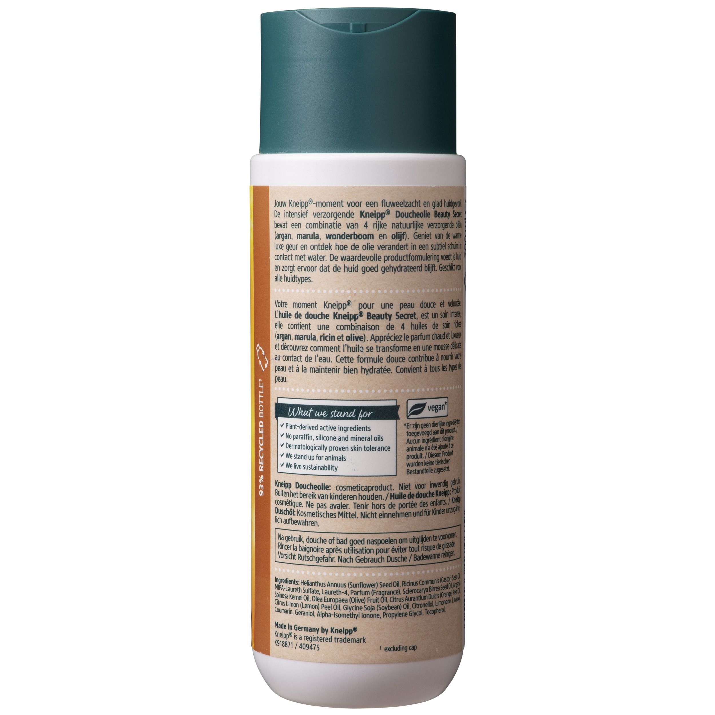 Dos du flacon Kneipp Doucheolie Beauty Secret. Texte en néerlandais et français. Logo vegan.