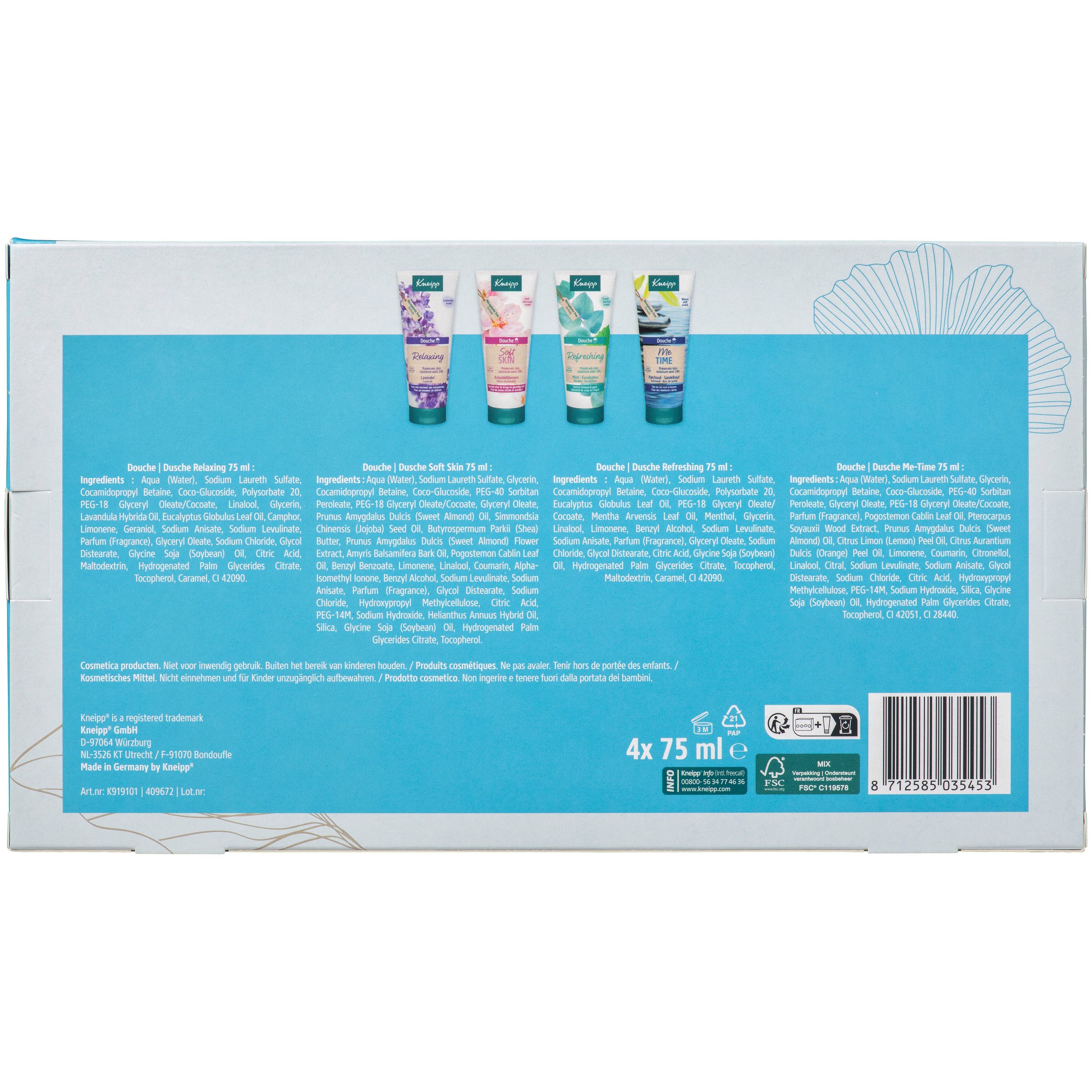 Coffret Kneipp Douche Collection. Coffret cadeau avec quatre petits gels douche.