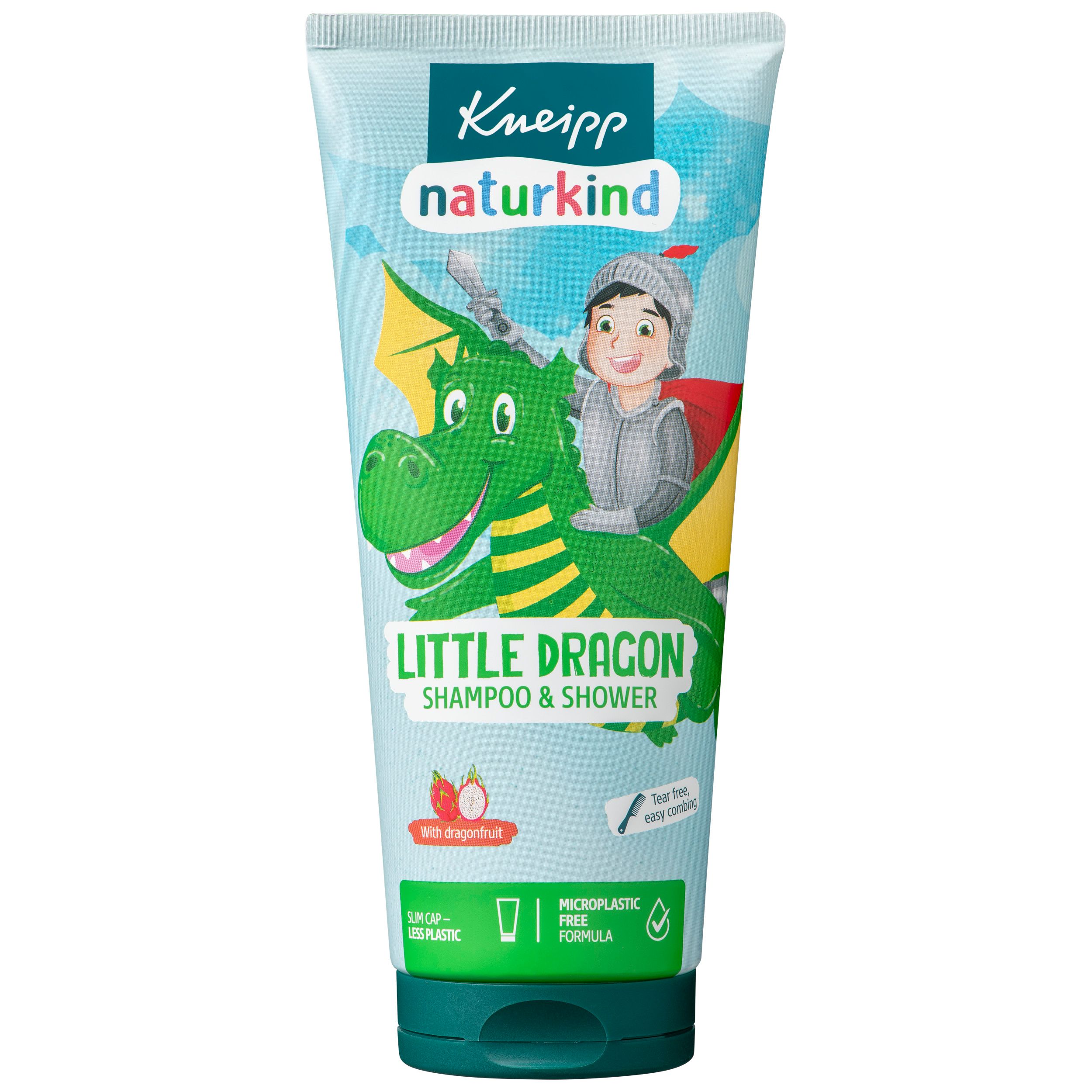 Blauw-witte tube met Kneipp naturkind logo en illustratie van een draak en ridder. Tekst: Little Dragon Shampoo & Shower.