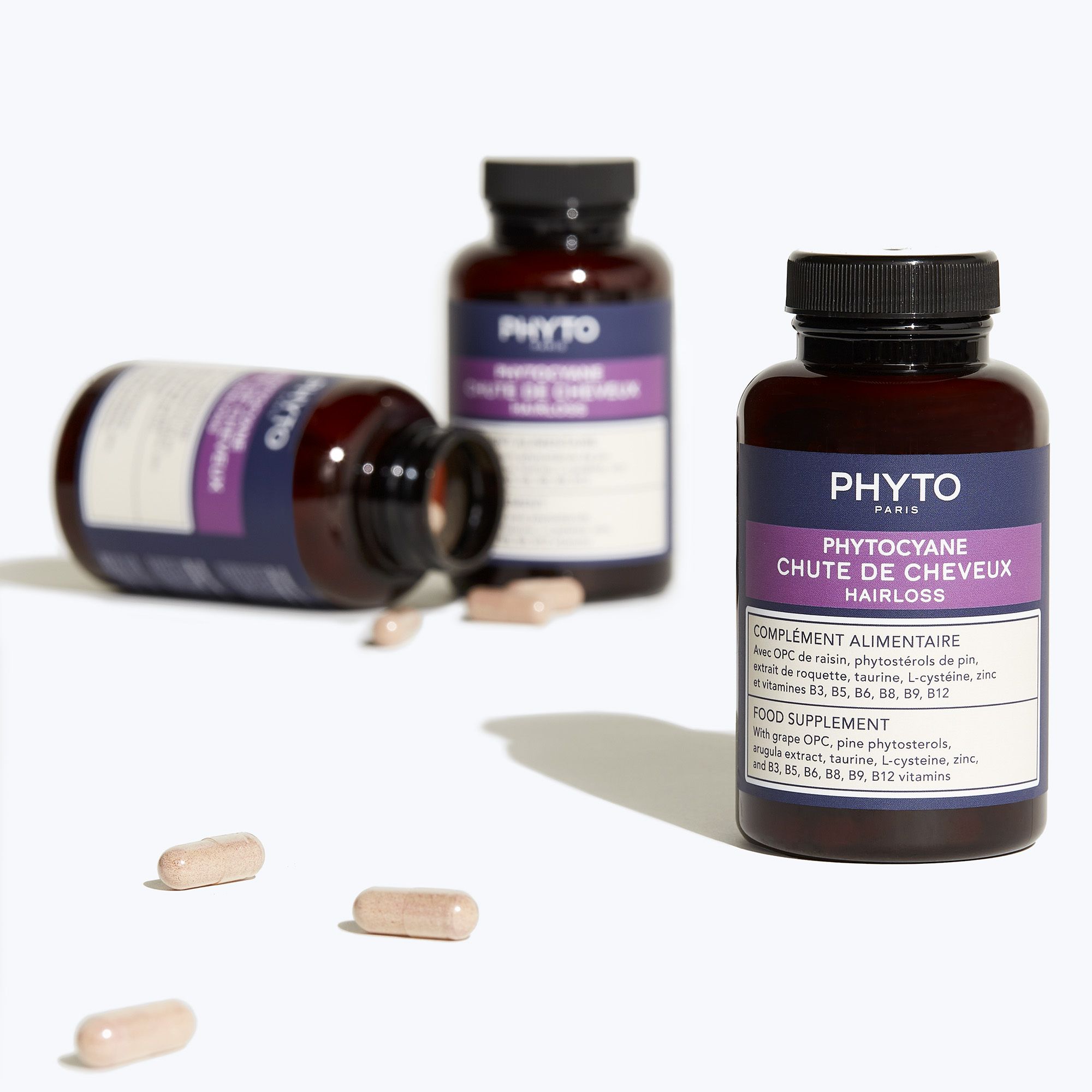 Bruine fles met capsules. Opschrift: Phyto Phytocyane Chute de Cheveux. Voedingssupplement.