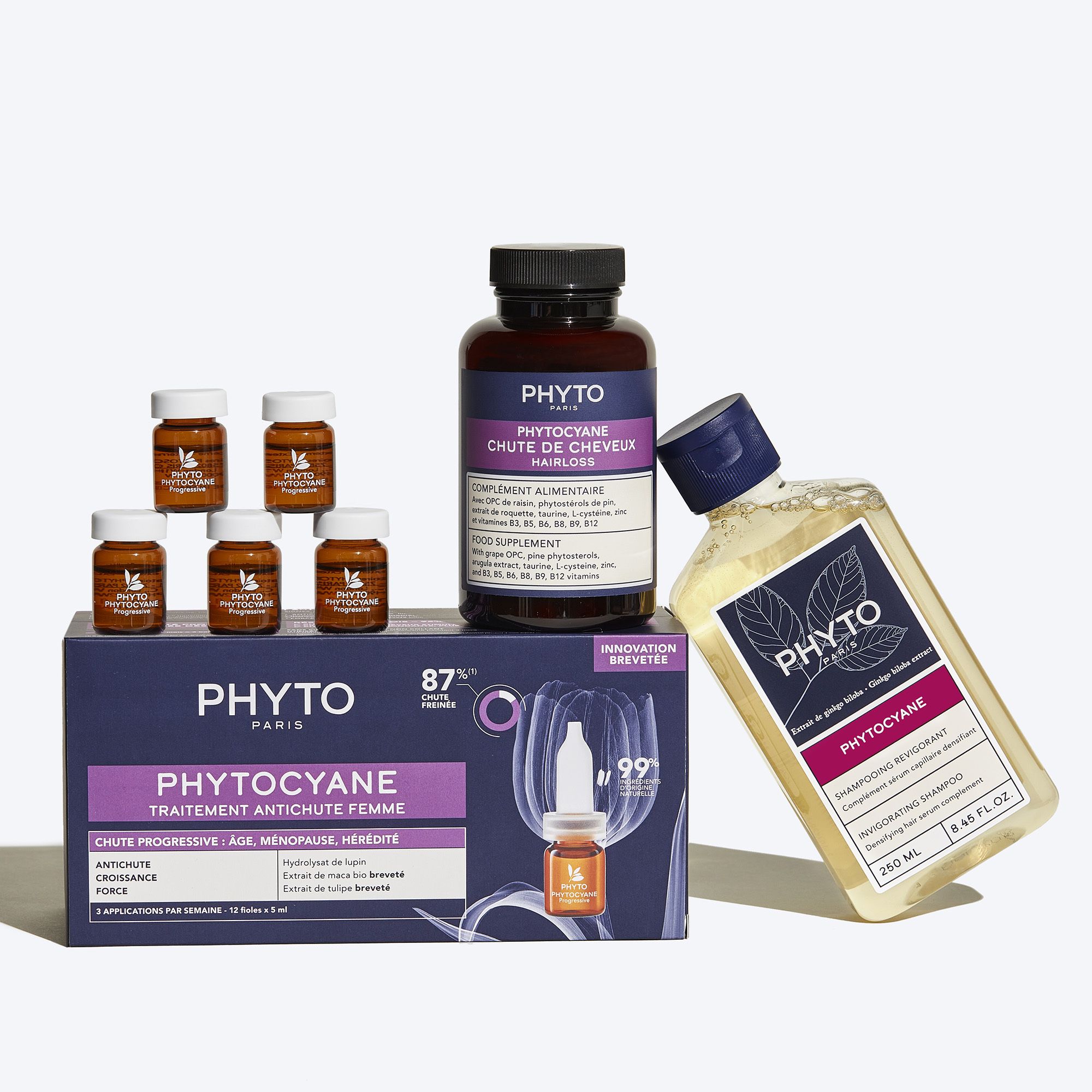 Bruine fles met capsules. Opschrift: Phyto Phytocyane Chute de Cheveux. Voedingssupplement.