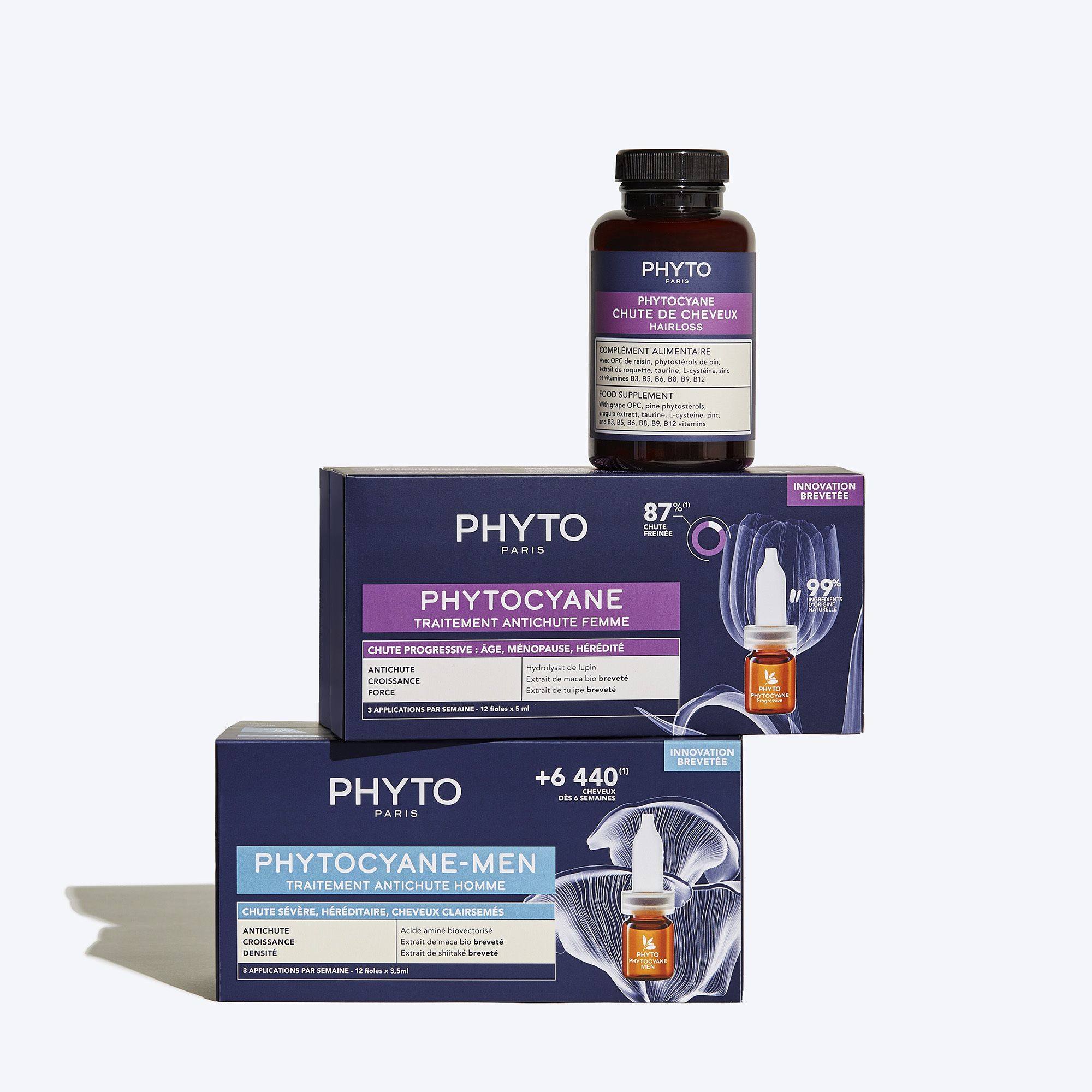 Bruine fles met capsules. Opschrift: Phyto Phytocyane Chute de Cheveux. Voedingssupplement.