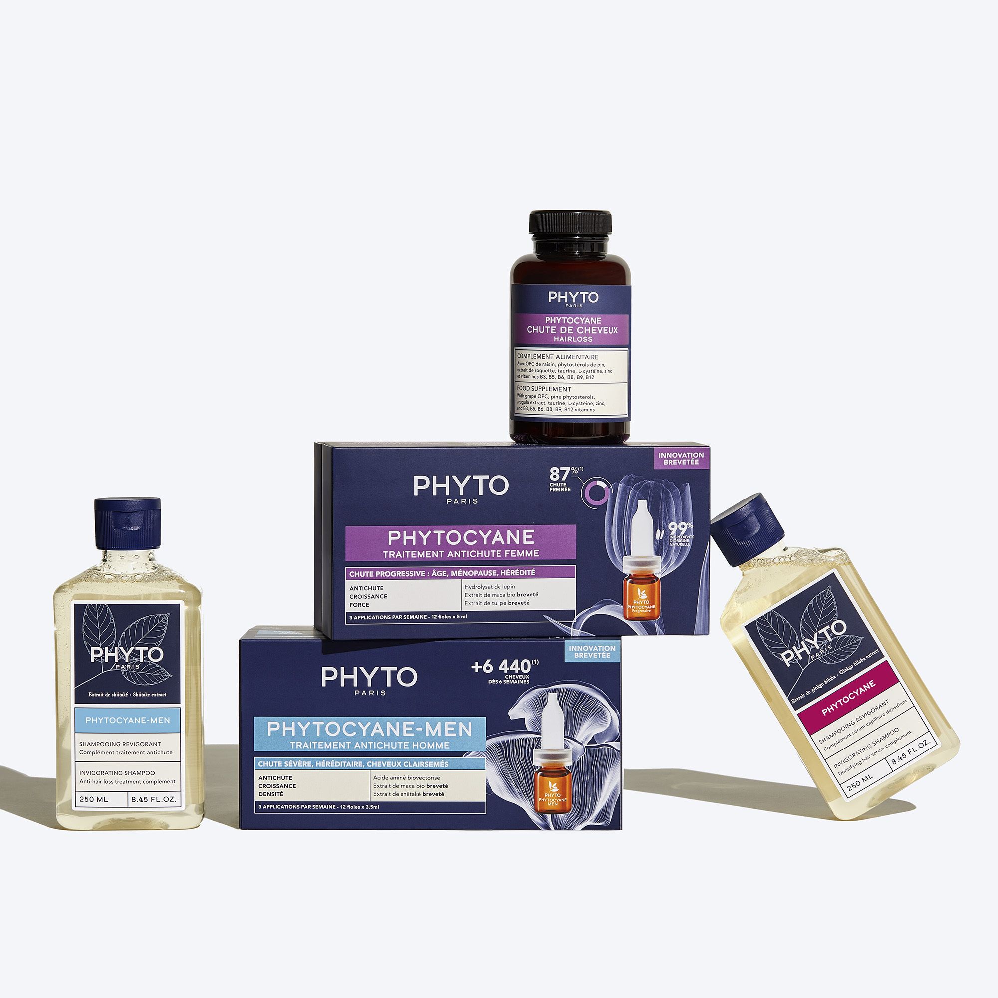 Bruine fles met capsules. Opschrift: Phyto Phytocyane Chute de Cheveux. Voedingssupplement.