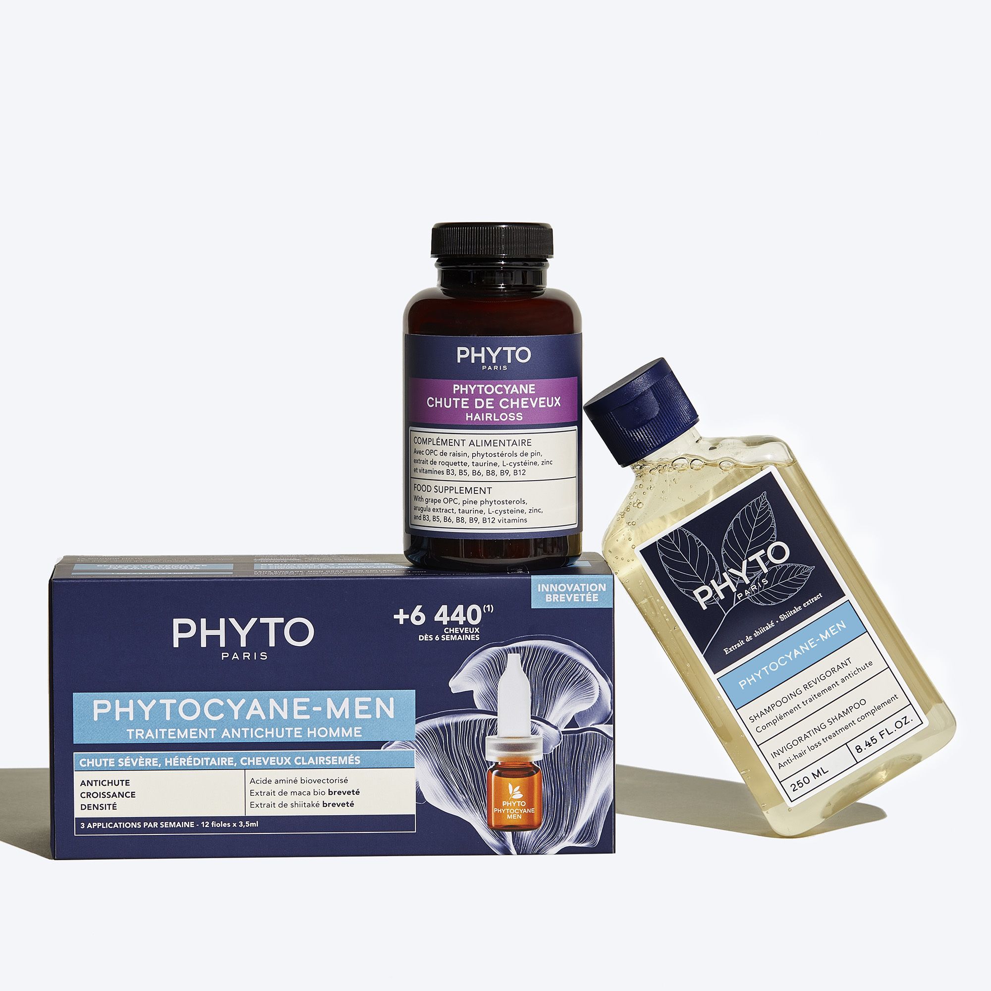 Set met fles en doos. Opschrift: Phyto Phytocyane Chute de Cheveux. Voedingssupplement.