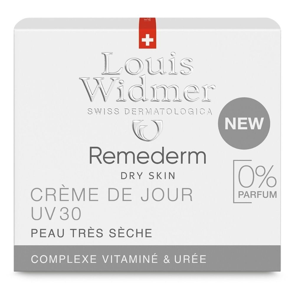 Witte verpakking met Louis Widmer logo en productnaam Remederm Crème de Jour UV30. 0% Parfum.