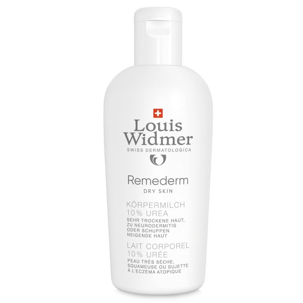 Louis Widmer Remederm Lotion Corporelle 10% Urée. Flacon blanc à bouchon rabattable. Logo et nom du produit.
