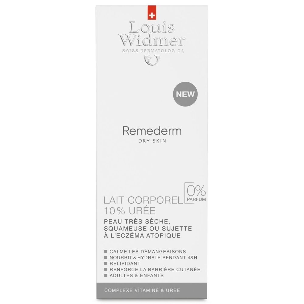 Louis Widmer Remederm Dry Skin. Emballage carton avec informations produit. Contient 10% Urée. Avec autocollant 'NEW'.