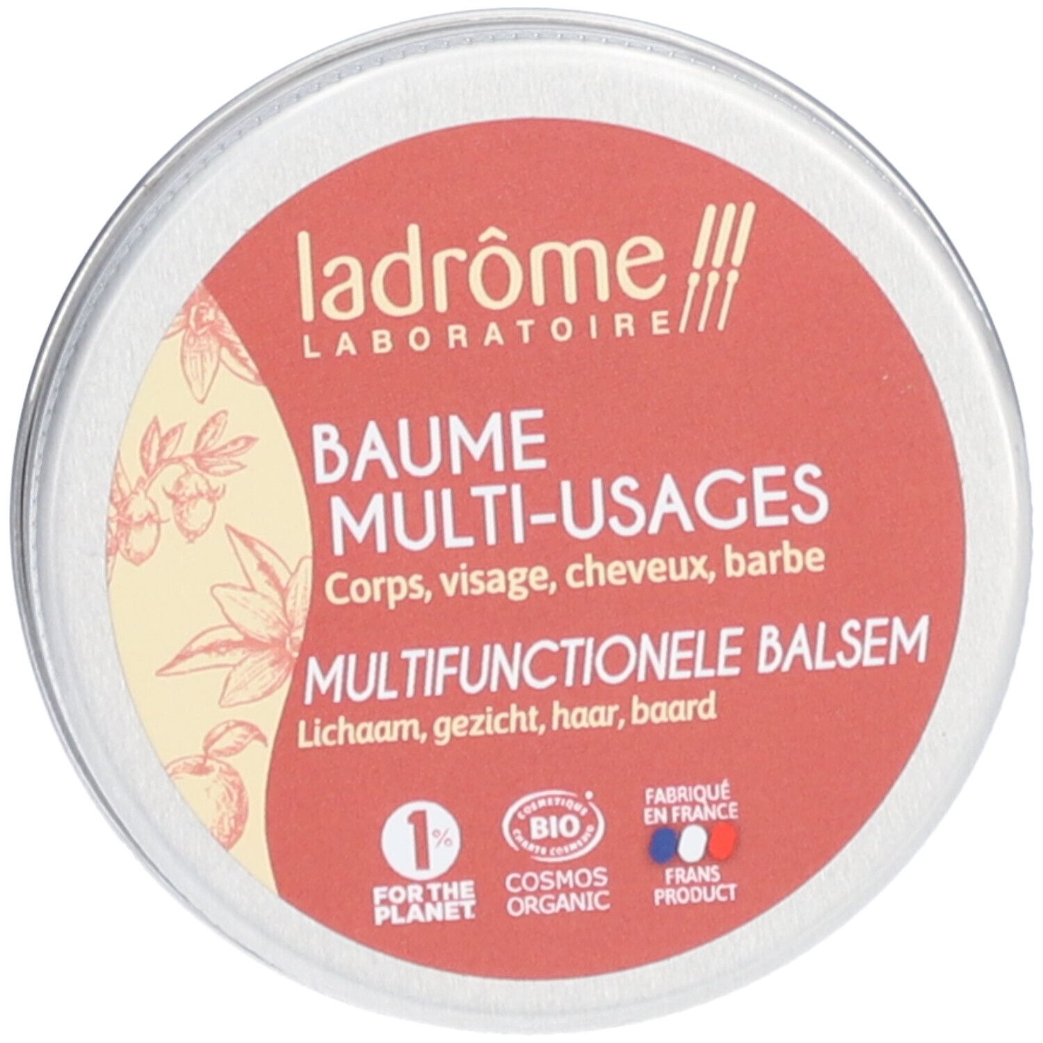 Ronde doos met rood etiket. Tekst: Ladrôme Baume Multi-Usages BIO. Certificeringen: Cosmos Organic, 1% for the planet, Fabriqué en France.