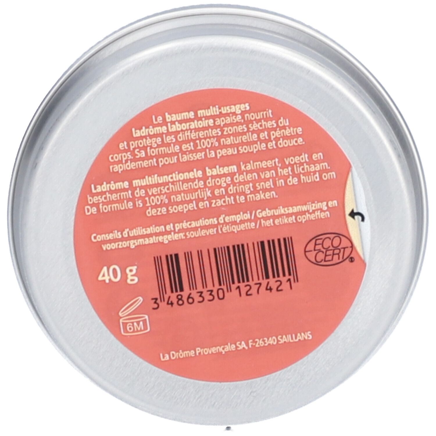 Ronde doos, rood etiket met tekst. Bevat 40 g. Tekst: Ladrôme. Certificering: Eco Cert. Barcode en productie-informatie.
