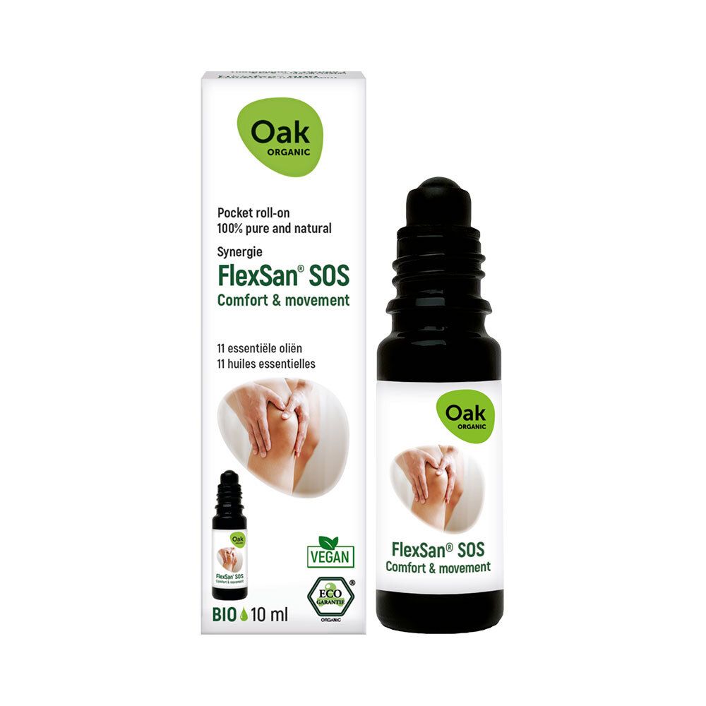Verpakking en fles met roll-on applicator. Verpakking met productnaam FlexSan® SOS, logo Oak Organic en Vegan-label. Fles: 10 ml.