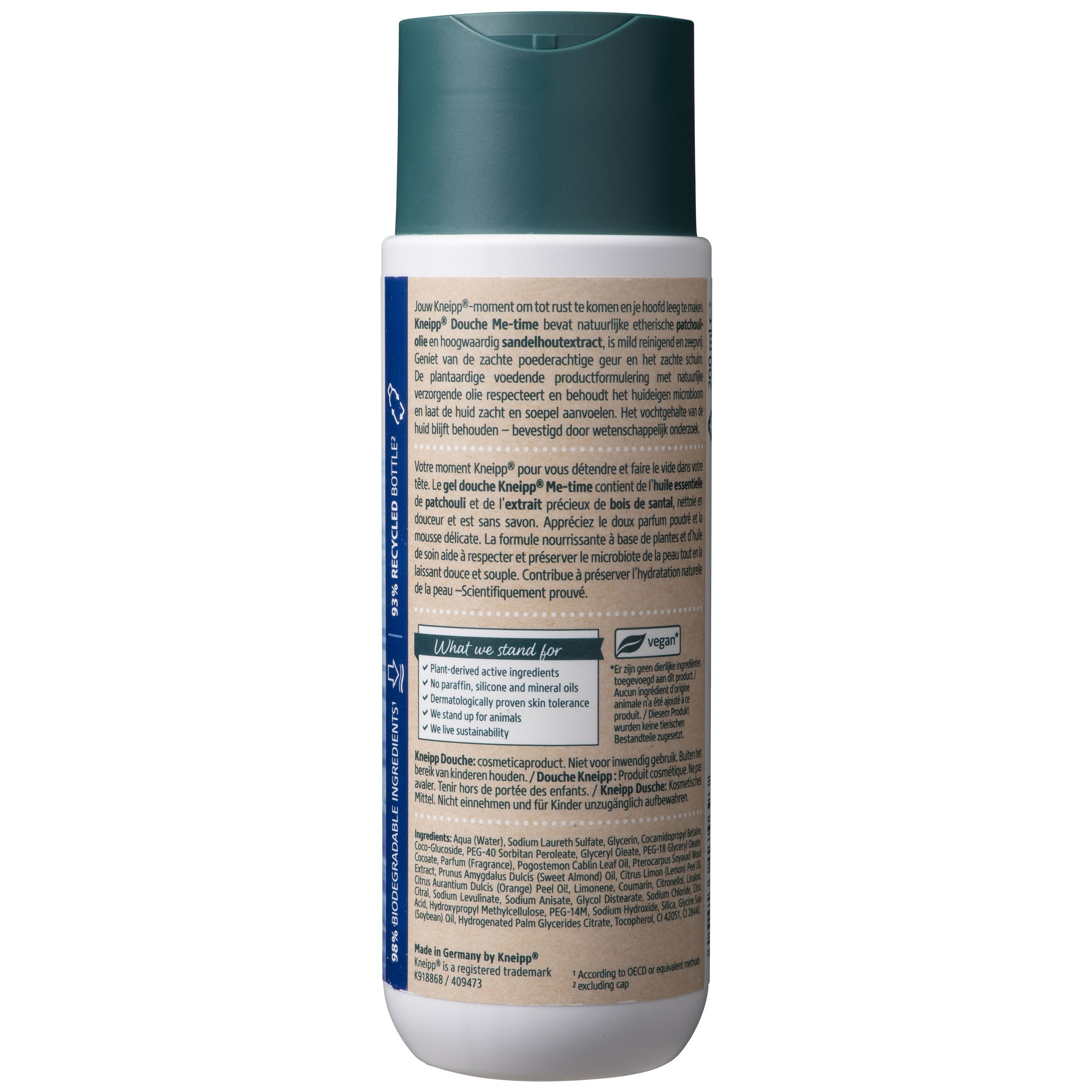 Dos du tube Kneipp Men. Texte multilingue. Label vegan. 200 ml.