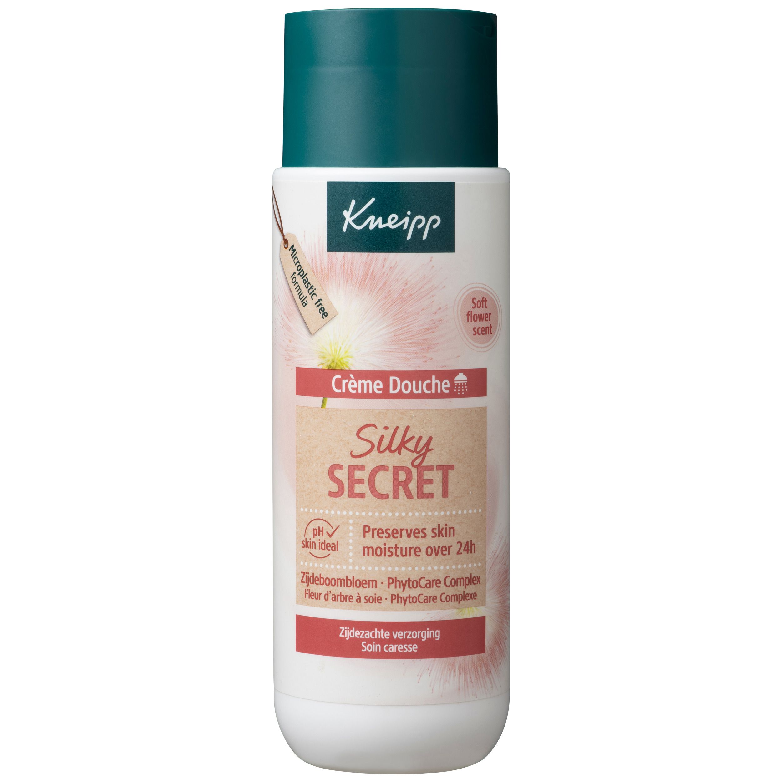 Kneipp Crème Douche Silky Secret. Witte fles, groene dop. Opschrift: Silky Secret, Soft Flower Scent. pH huidneutraal.