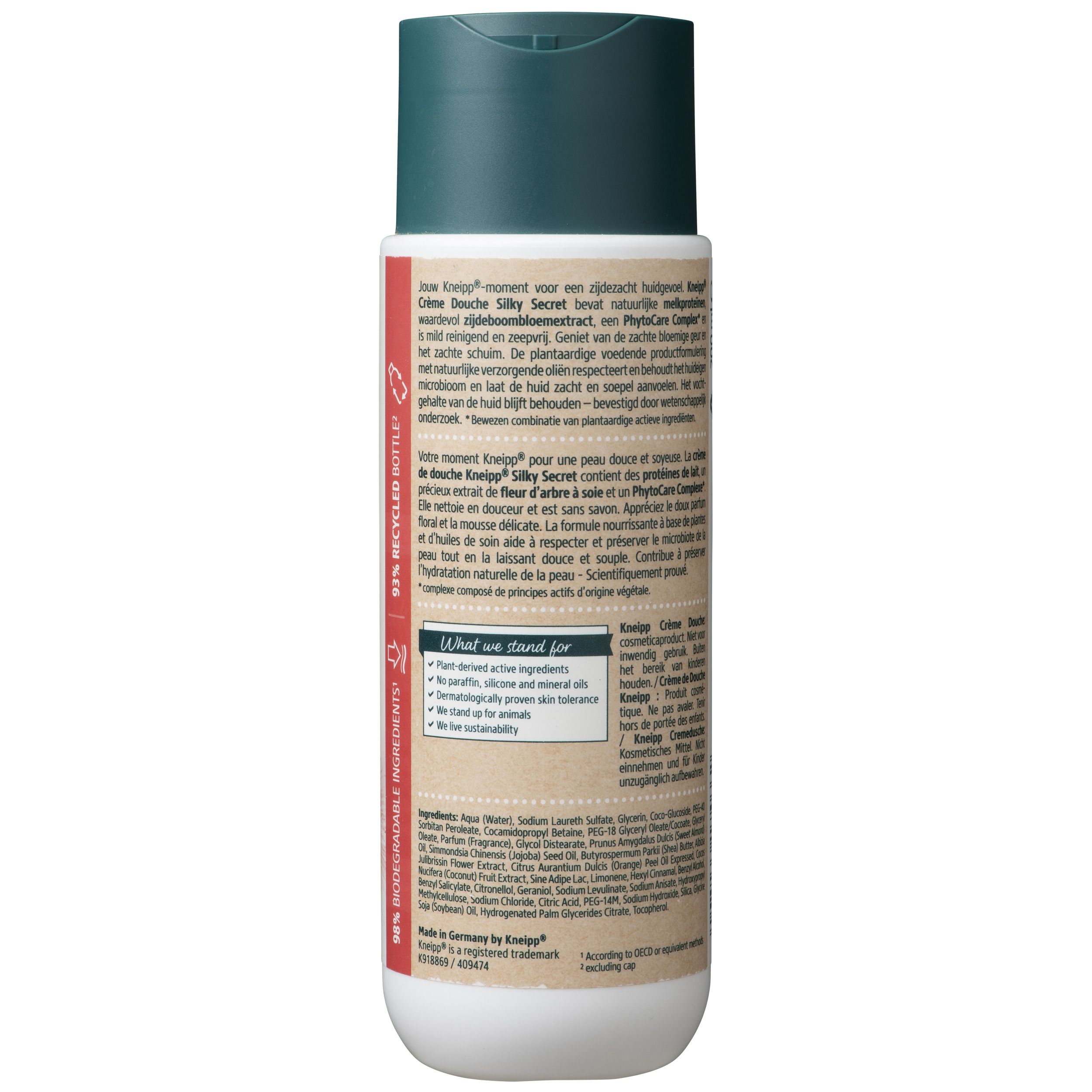 Dos de la bouteille Kneipp Crème Douche Silky Secret. Texte multilingue. 99% biodégradable. Symboles de recyclage.