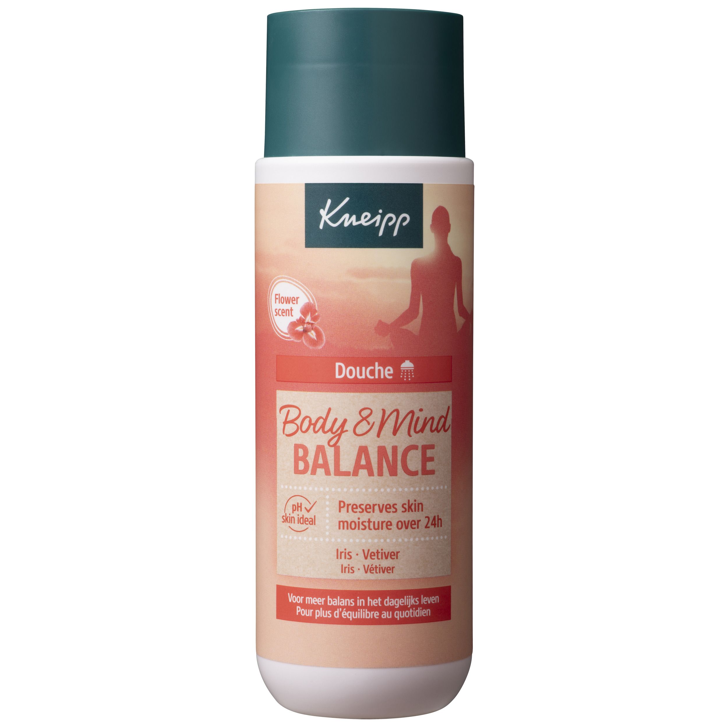 Kneipp Douche Body & Mind Balance. Bouteille avec bouchon vert. Inscription : Flower scent, pH skin-ideal.