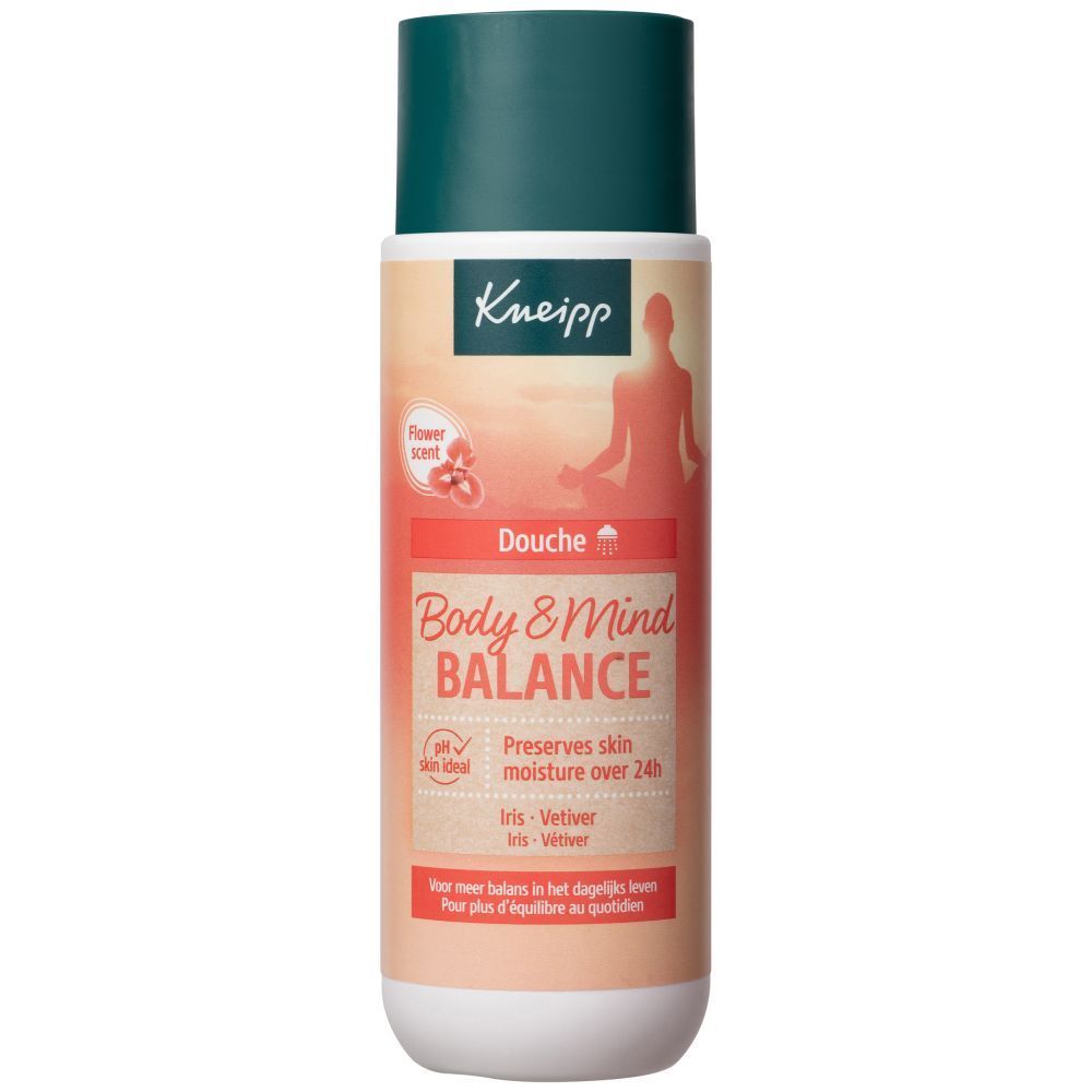 Kneipp douchegel Body & Mind Balance met iris en vetiver. Behoudt 24 uur huidvochtigheid. Voor normale huid.