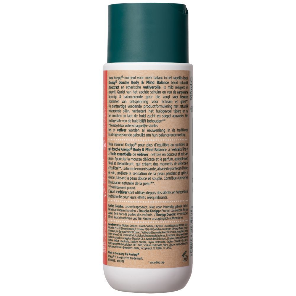 Douchegel Kneipp Body & Mind Balance in fles met informatie.
