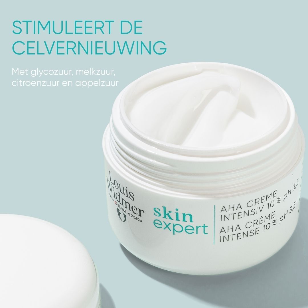 Witte crème pot met tekst Louis Widmer skin expert. AHA Crème Intensief 10% pH3,5.
