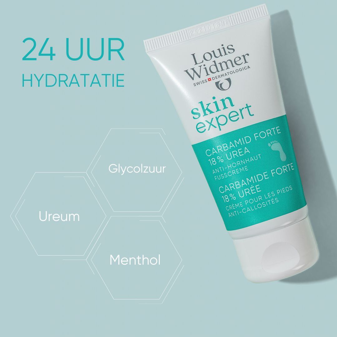 Crèmetube met productnaam en logo. Bevat 18% ureum. Anti-eelt voetcrème.