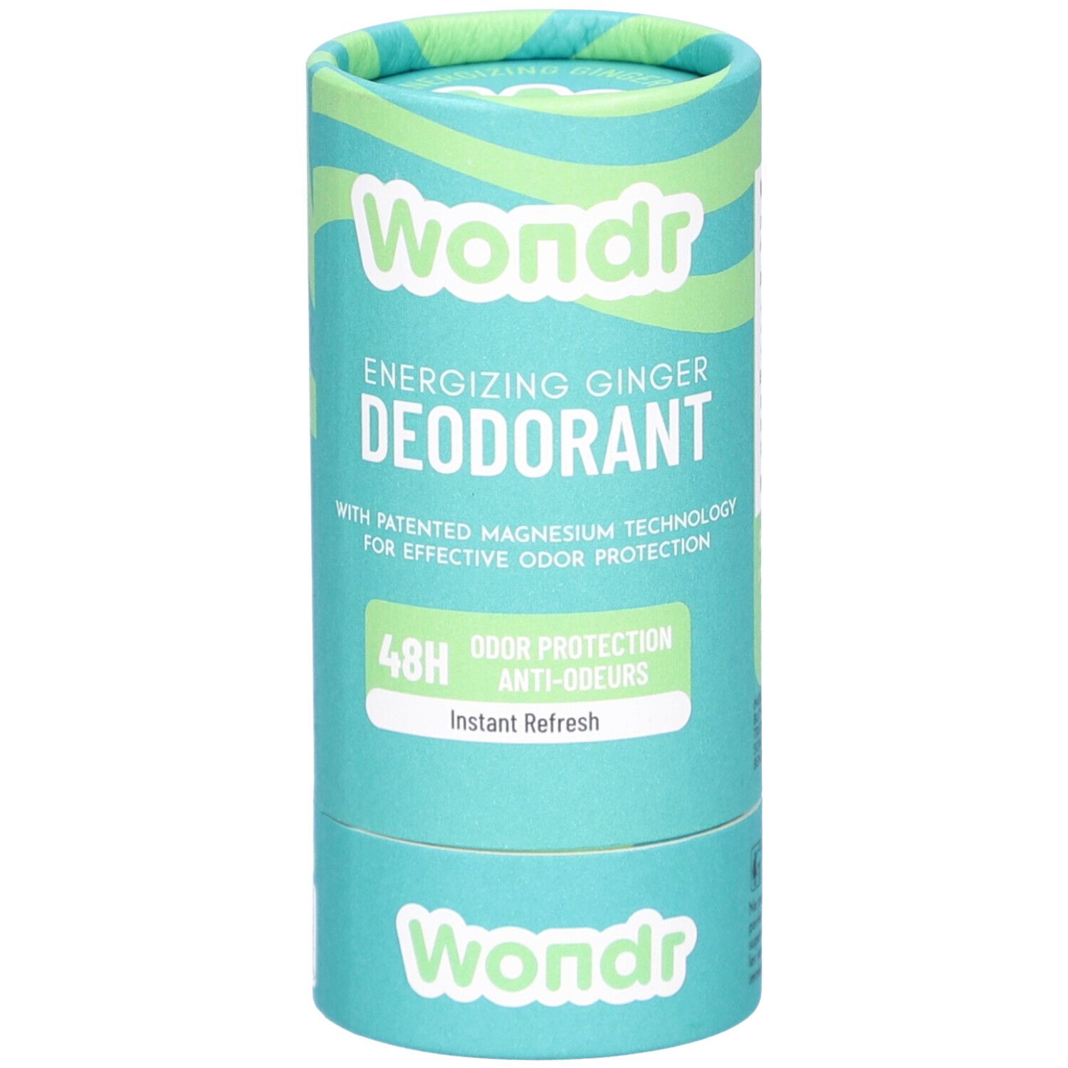 Cilindrische verpakking van Déodorant Wondr Instant Refresh. Turquoise met groene accenten. Opschrift Wondr en productinformatie.