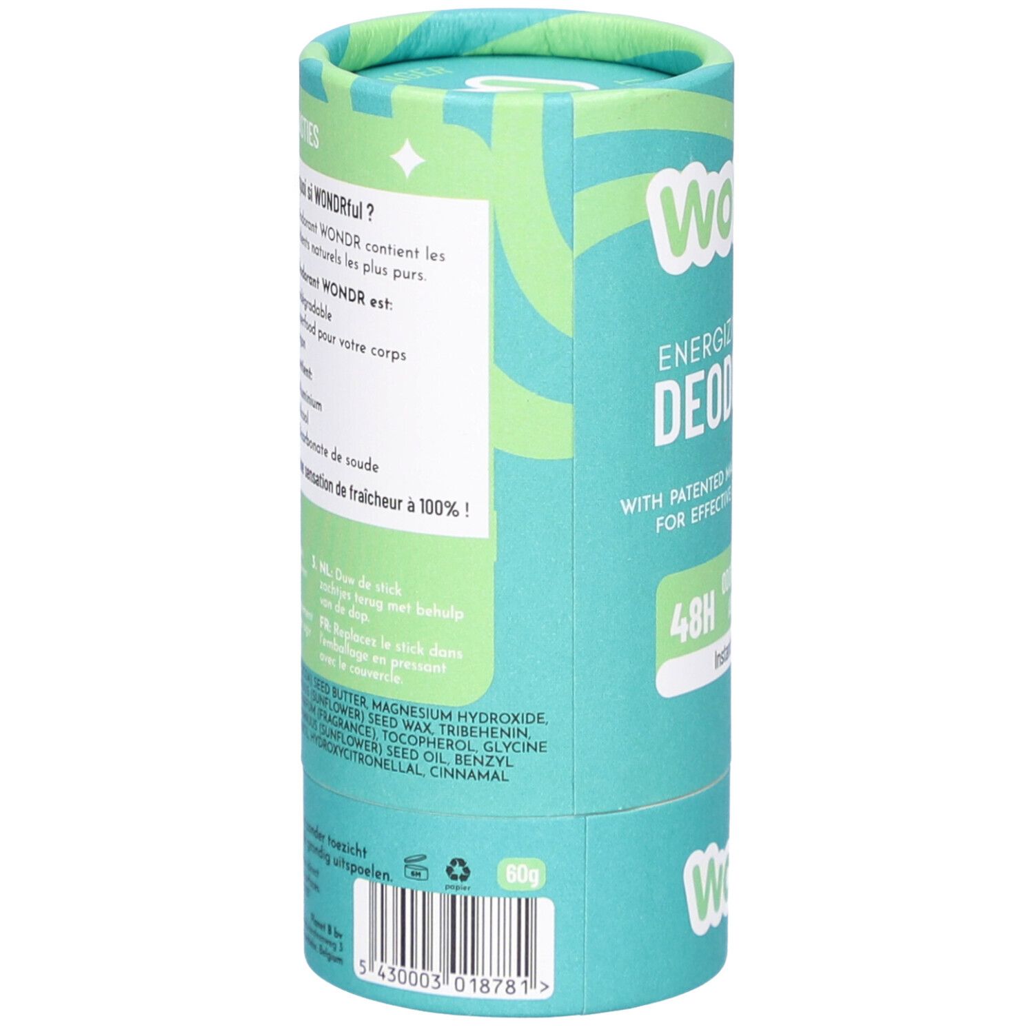 Cilindrische verpakking van Déodorant Wondr Instant Refresh. Achterkant met ingrediënten en gebruiksaanwijzing.