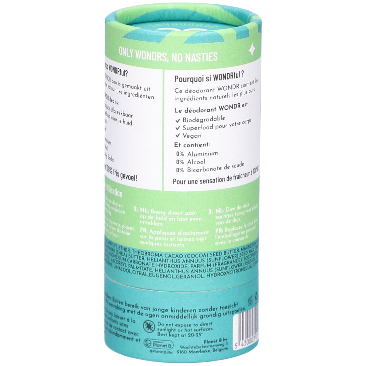 Cilindrische verpakking van Déodorant Wondr Instant Refresh. Achterkant met productinformatie en ingrediënten.