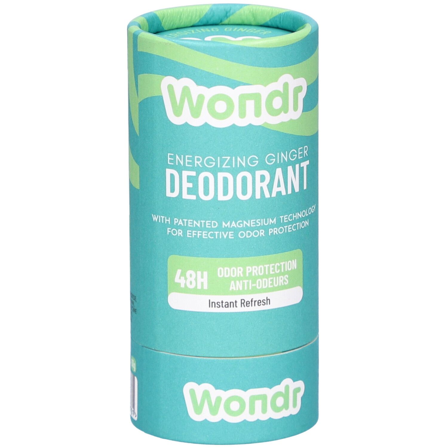 Cilindrische verpakking van Déodorant Wondr Instant Refresh. Turquoise met groene accenten. Opschrift Wondr en productinformatie.