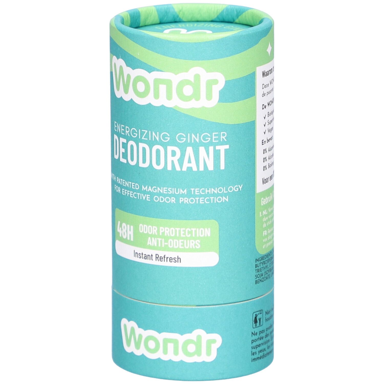 Cilindrische verpakking van Déodorant Wondr Instant Refresh. Turquoise met groene accenten. Opschrift Wondr en productinformatie.