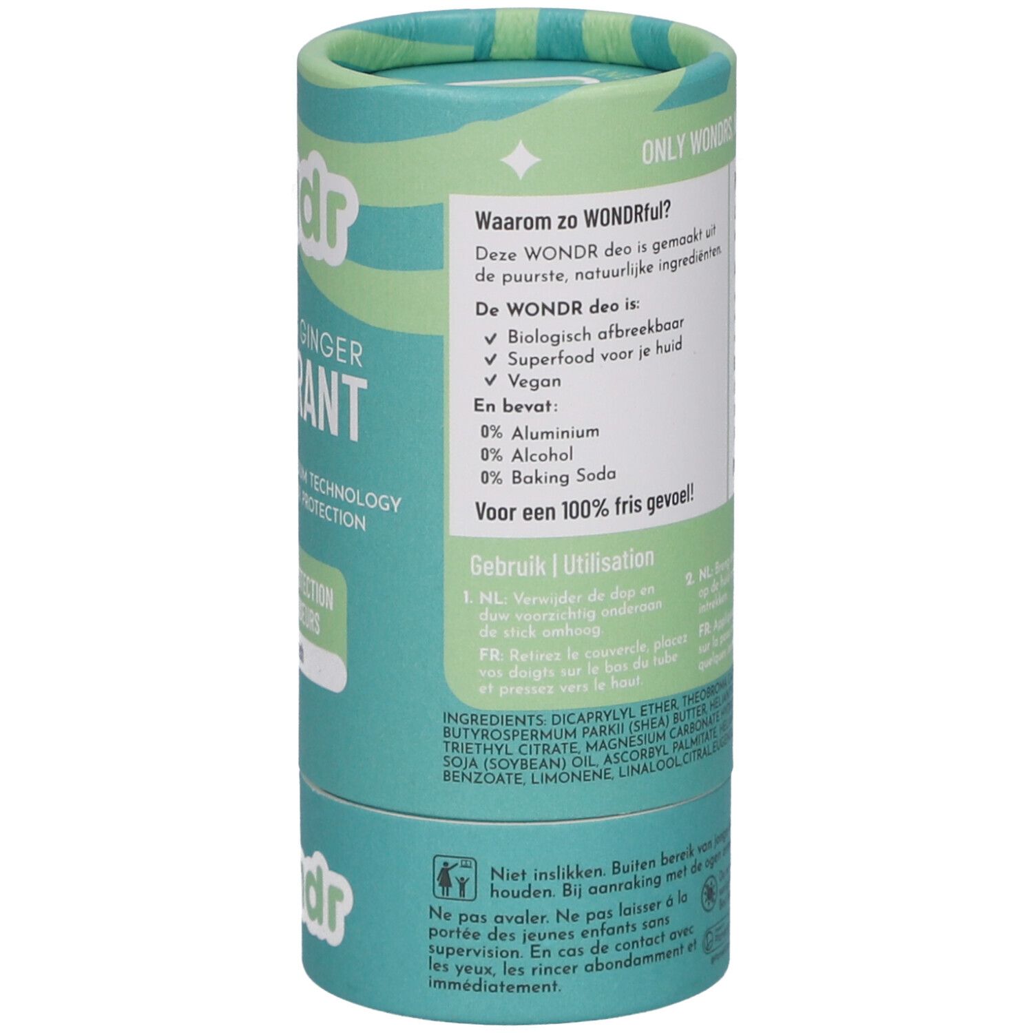 Cilindrische verpakking van Déodorant Wondr Instant Refresh. Achterkant met productinformatie en ingrediënten.