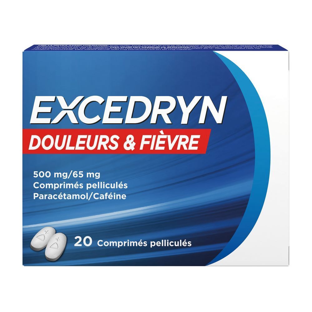 Doos Excedryn Pijn & Koorts, 20 tabletten. Bevat paracetamol/cafeïne. Blauw-witte verpakking.