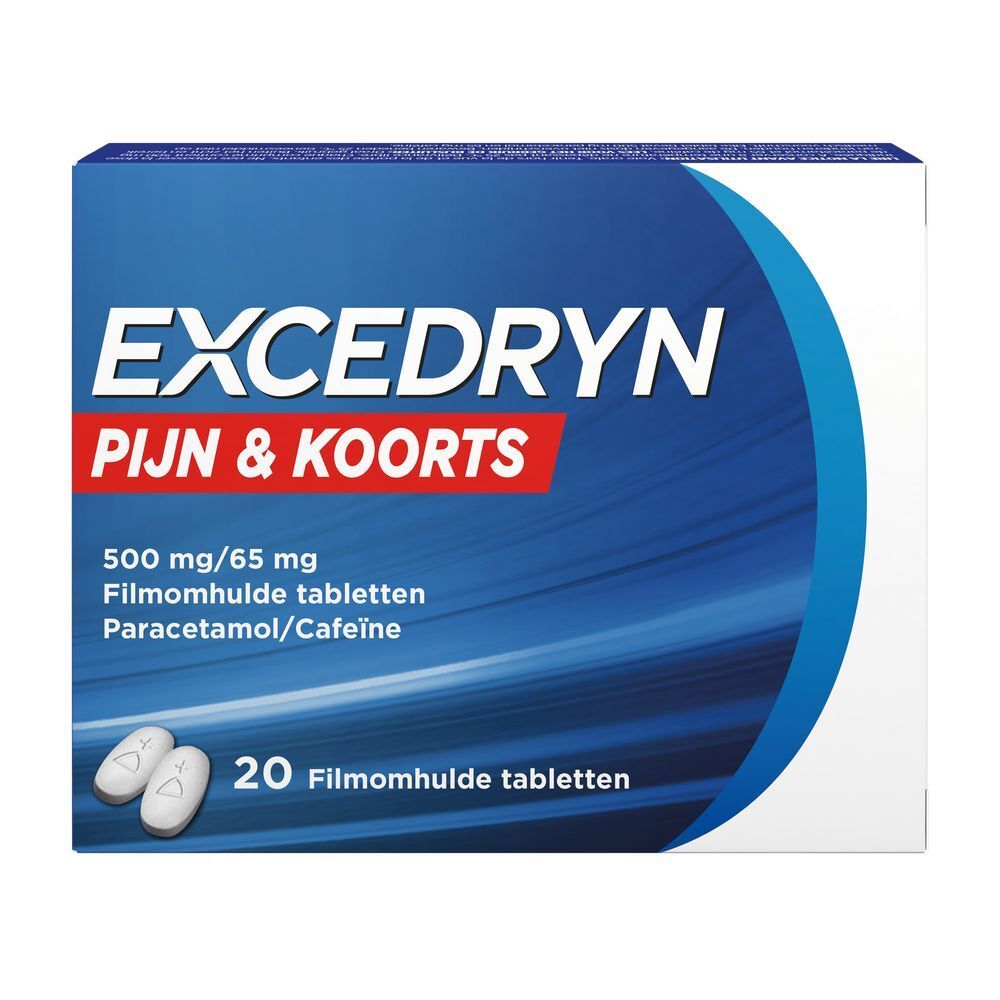 Doos Excedryn Pijn & Koorts, 20 tabletten. Bevat paracetamol/cafeïne. Blauw-witte verpakking.