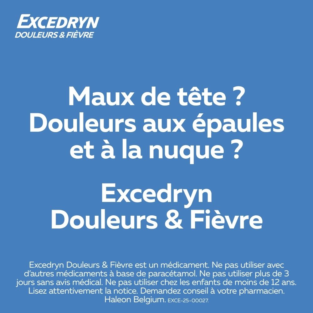Boîte Excedryn maux de tête et fièvre avec indication 'Action Rapide'.