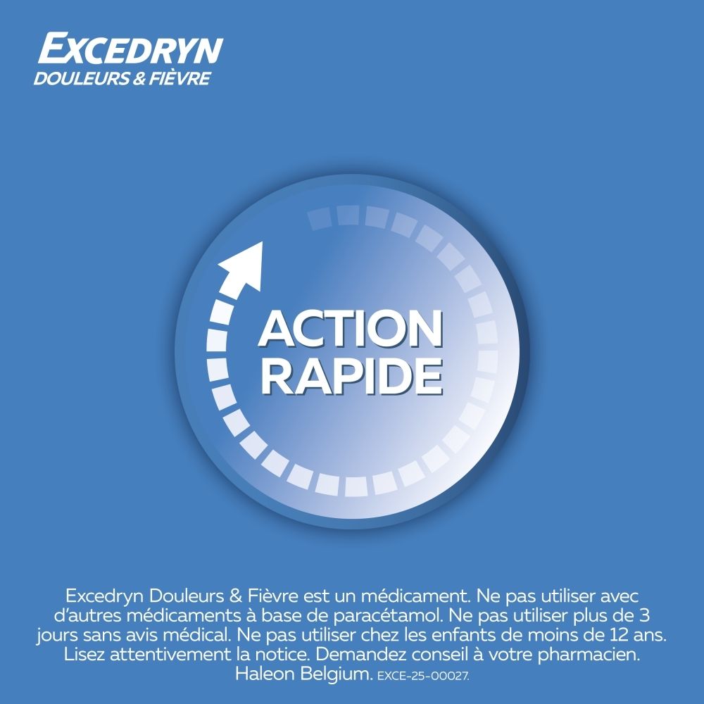 Boîte Excedryn maux de tête et fièvre avec flèche et texte 'Action Rapide'.