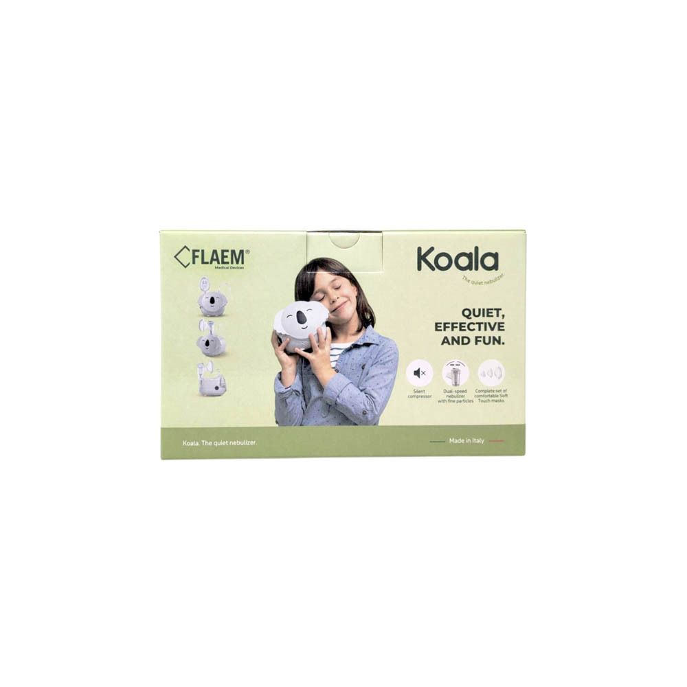 Koala vernevelaar, wit, met accessoires. Mondstuk, masker, slang. Koala-ontwerp.