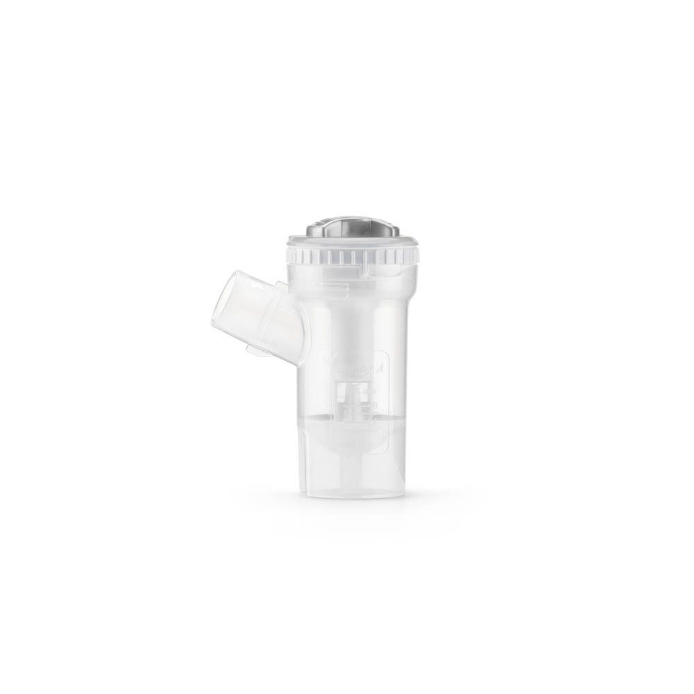 Récipient de nébuliseur, transparent. Avec raccord d'embout buccal.