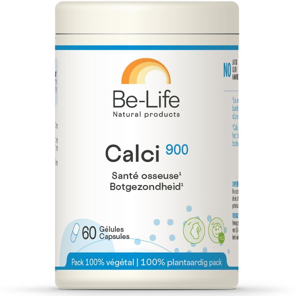Boîte cylindrique "Be-Life Calci 900". Contient 60 gélules. Inscriptions: "Santé osseuse", "Botgezondheid". Emballage 100% végétal.