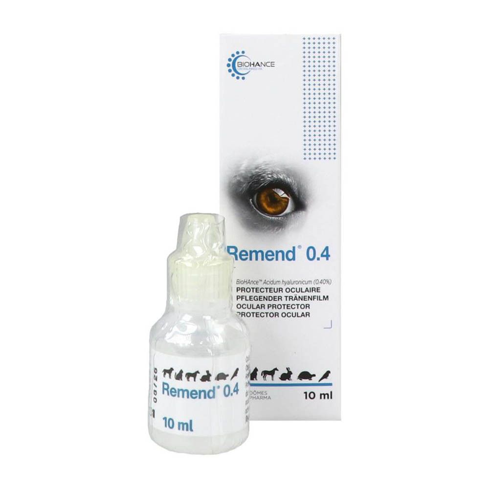 Witte verpakking met Remend 0.4. Meertalige teksten. 10 ml. Logo's BICHANCE en Dômes Pharma. Afbeelding van een oog.
