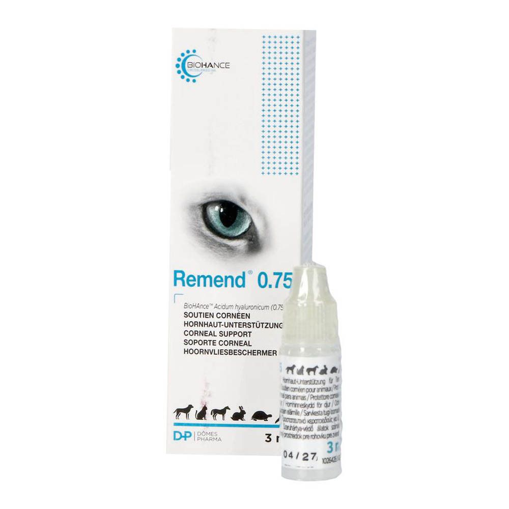 Emballage produit avec flacon compte-gouttes. Nom Remend 0.75. Logo et image d'œil. 3 ml.