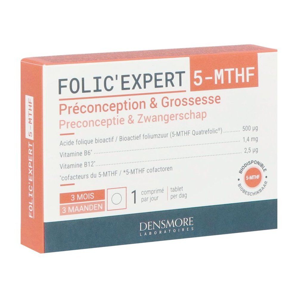 Boîte Folic'expert 5-MTHF. Orange et blanc. Texte : Préconception & Grossesse, 3 mois, 1 comprimé par jour. Logo 5-MTHF.