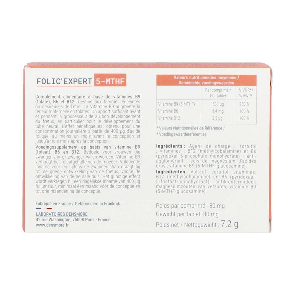 Achterkant doos Folic'expert 5-MTHF. Tekst: Voedingssupplement, voedingswaarden, ingrediënten. Logo.