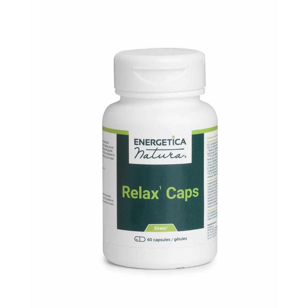 Witte fles met groene etiketten. Opschrift: Energetica Natura, Relax' Caps, 60 capsules. Dop met klapdeksel.