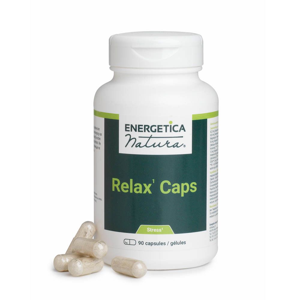 Witte fles met groene accenten. Opschrift: Energetica Natura, Relax' Caps, 90 capsules. Capsules ernaast.