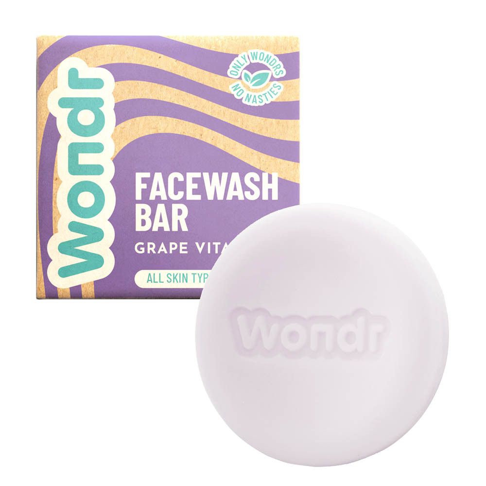 Product en verpakking "Wondr Grape Vitality Facewash Bar". Ronde zeep en karton.