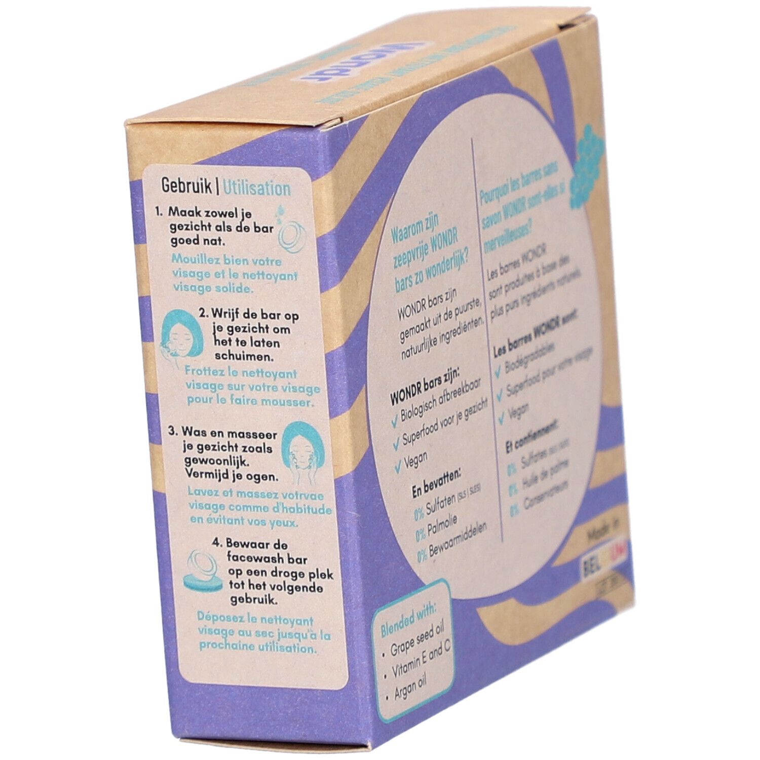 Emballage "Wondr Grape Vitality Facewash Bar" avec instructions d'utilisation multilingues.