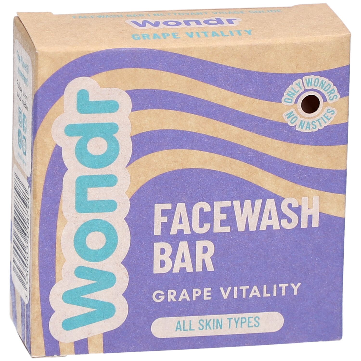 Boîte en carton "Wondr Grape Vitality Facewash Bar". Motif vagues violettes, logo et nom du produit.