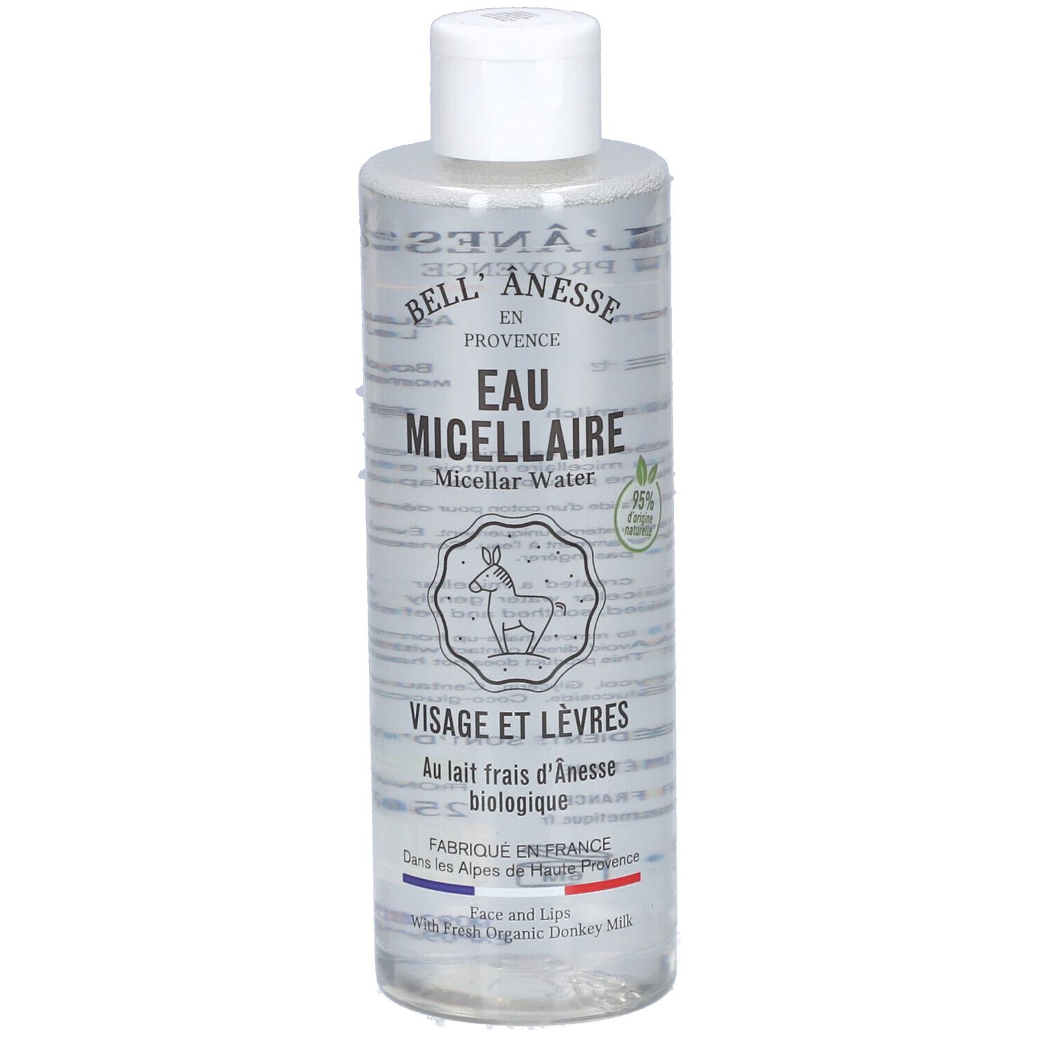 Transparante fles met witte dop. Opschrift: Bell'Anesse Bio Eau Micellaire. Voor gezicht en lippen. Met biologische ezelinnenmelk.
